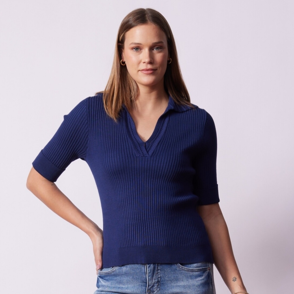 Rio & Rian V-Neck Short Sleeve Knit Sweater Crochet Collar Navy Blue Medium